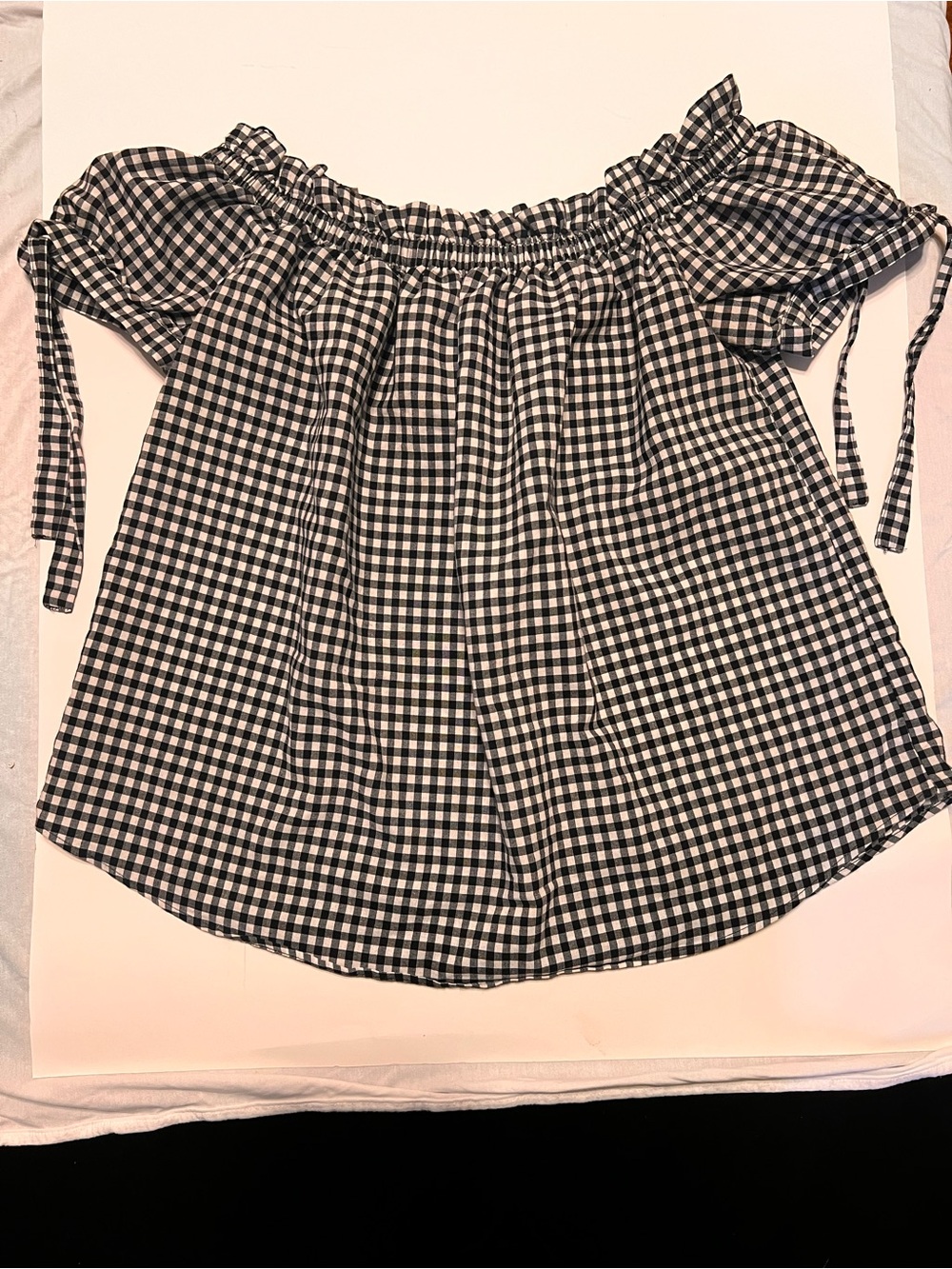 Smocked Off-Shoulder Gingham Blouse in Black and White